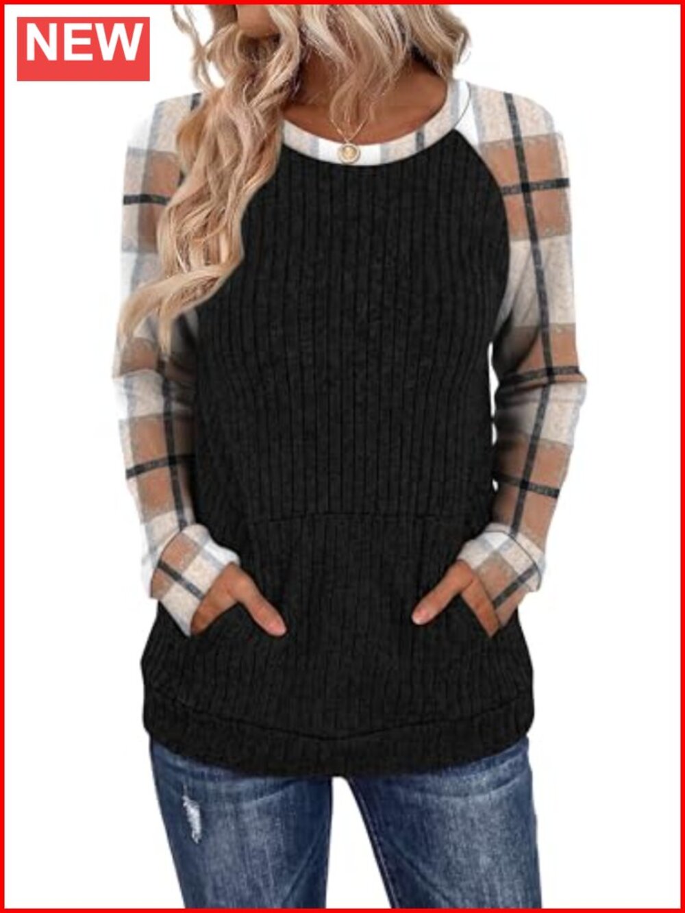Womens Oversized Tunic Sweater with Pocket Color Block Ribbed Knit Long Sleeve
